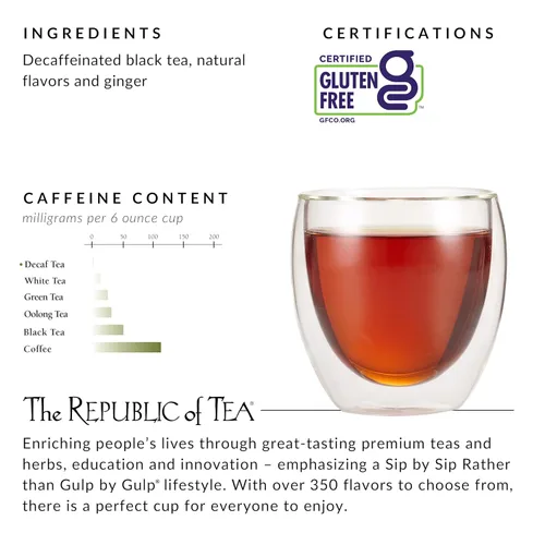 Vista 6 de The Republic of Tea Té negro de jengibre y melocotón descafeinado, lata de 50 bolsas