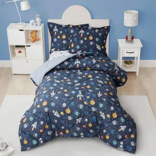 Vista 13 de PPOLCA Juego de edredón de dinosaurio azul tamaño individual para niños, ropa de cama de 5 piezas con sábanas y funda de almohada, súper suave