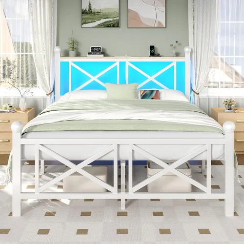Vista 11 de DynJest Base de cama negra de tamaño individual con luces LED, cama de metal resistente con cabecera y piecero, estante de almacenamiento
