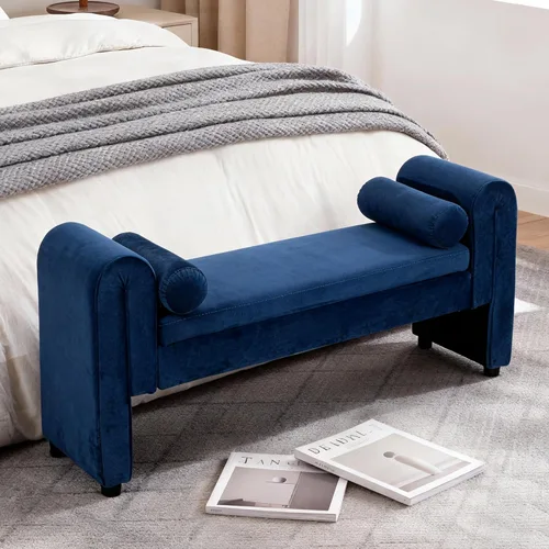 Vista 12 de Banco de almacenamiento al final de la cama para dormitorio, banco de almacenamiento de terciopelo tamaño King de 65" con 2 almohadas, banco sofá