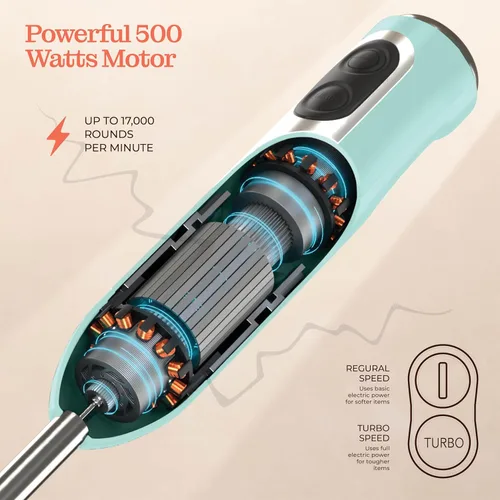 Vista 6 de Potente licuadora de inmersión, licuadora de mano eléctrica de 500 vatios con modo turbo, base desmontable. Licuadora de cocina manual con varilla