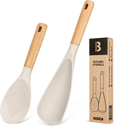 Vista 13 de Cuchara de cocina y cuchara para arroz para utensilios de cocina antiadherentes, ideal para cocinar y servir, silicona mate resistente sin BPA