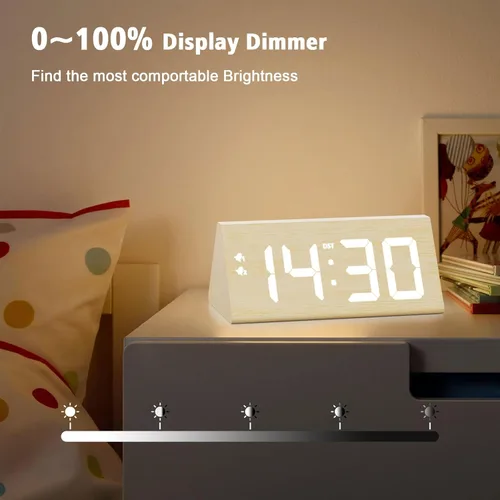 Vista 3 de Reloj despertador digital de madera con puertos de carga USB duales, DST, regulable, repetición, reloj LED moderno con pantalla de tiempo grande