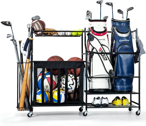 PLKOW Organizador de Equipo Deportivo, Estante de Almacenamiento de Bolas para Garaje, Organizador para 2 Bolsas de Golf y Equipo Deportivo para