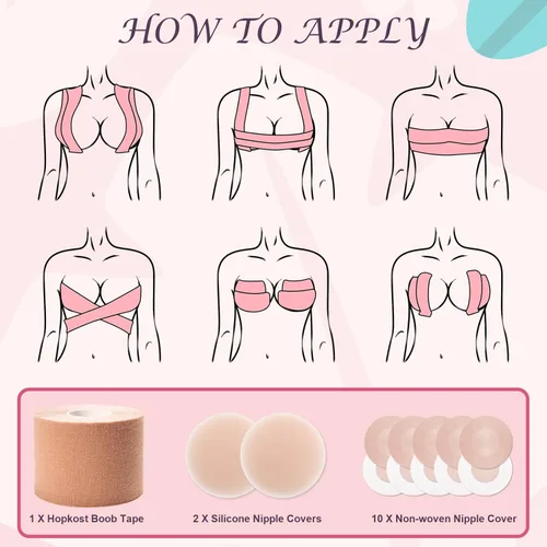Vista 3 de Hopkost Cinta de senos - Cinta para levantamiento de senos, cinta adhesiva para senos grandes, 2 cubiertas de pezones, cinta invisible