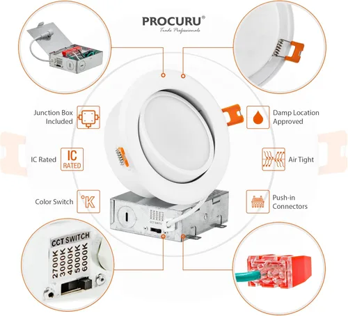 Vista 3 de PROCURU [Paquete de 1] cardán de 4 pulgadas hermético LED 2700K-6000K 5CCT color seleccionable, ajustable, giratorio y giratorio ultrafino