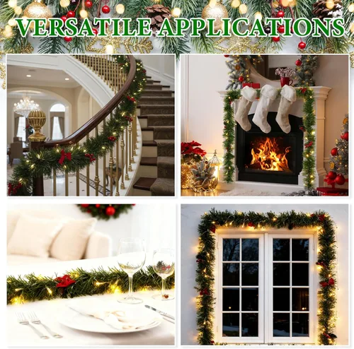 Vista 6 de Lyrow 5 juegos de 5 m de guirnalda de Navidad con 50 luces LED, arco rojo, conos de pino, adornos y ganchos de luz, guirnalda artificial de pino