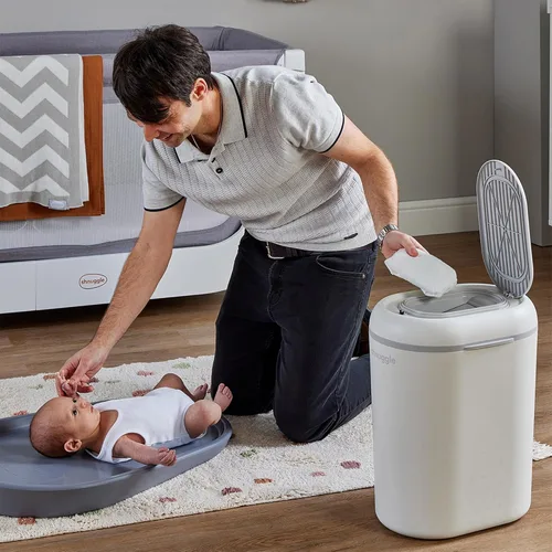 Vista 5 de Shnuggle Eco-Touch - Cubo de pañales + 30 mejores forros para bolsas Bloqueo de olor, sin recargas costosas, bolsas biodegradables, papelera