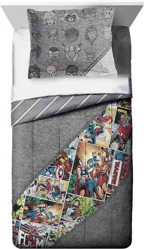 Vista 2 de Jay Franco Marvel Comics - Juego de edredón y funda de almohada tamaño individual del 80 aniversario, ropa de cama reversible para niños, microfibra