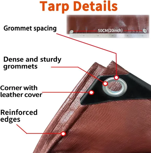 Vista 4 de Lonas resistentes impermeables de 8 x 10 pies, lonas de polietileno de 16 mil con ojales, resistentes a los rayos UV, lona multiusos marrón