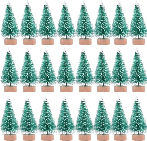 Vista 9 de 24 mini cepillos para botellas de árboles de Navidad con base de madera, mini árboles de plástico artificial para manualidades, adornos de nieve