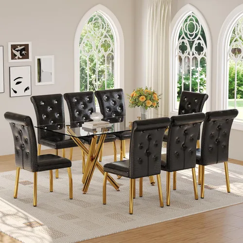 Vista 11 de Ebullient Moderno juego de mesa de comedor para 6, mesa de comedor de cristal de 71 pulgadas y patas de mesa de metal dorado, mesas de comedor