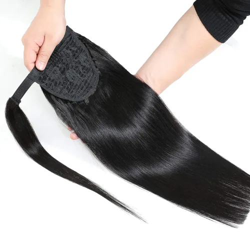 Vista 3 de Extensiones de cola de caballo de cabello humano lacio, color negro natural, pasta mágica envolvente, extensiones de cabello Remy 100% real