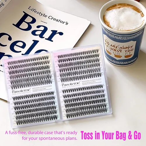 Vista 101 de Kit de extensión de pestañas Pawotence DIY 280 piezas, racimos de pestañas, kit de extensión de pestañas, 9-16mm, 30D, 40D, pestañas individuales