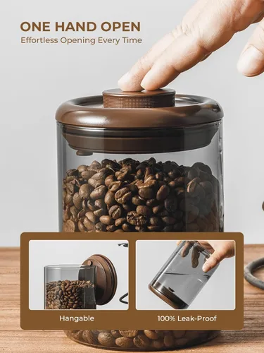 Vista 2 de Recipiente de vidrio para café molido hermético de 10 oz – Bote de café molido con tapa Pop Top y válvula de CO₂, recipiente de granos de café