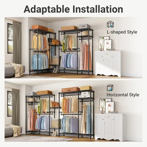 Vista 5 de VIPEK V2 Perchero de Ropa de Servicio Pesado, Percheros de Ropa de Metal Portátiles con 4 Niveles de Estantería de Alambre Ajustable y 3 Barras