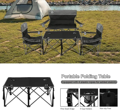 Vista 6 de Juego de 4 sillas de campamento de gran tamaño con mesa, silla de césped plegable para exteriores, soporte para tazas, portátil, silla de sofá