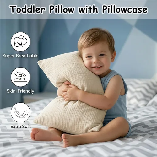 Vista 4 de Pro Goleem Almohada para niños pequeños con funda de almohada 100% de muselina de algodón, 13 x 18 pulgadas, ultrasuave, transpirable y lavable a