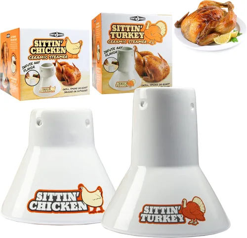 Sittin' - Paquete de 2 asadores de cerámica para barbacoa, horno, parrilla, lata de cerveza vertical para aves de corral, infunde sabor y humedad,