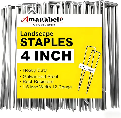 AMAGABELI GARDEN & HOME Paquete de 50 grapas galvanizadas de 4 pulgadas para jardín, estacas de jardín de calibre 12, estacas de cubierta de