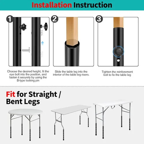 Vista 8 de Elevadores de mesa plegables para mesas plegables, patas rectas/dobladas, extensiones de patas de mesa plegables duraderas, 4 niveles/alturas