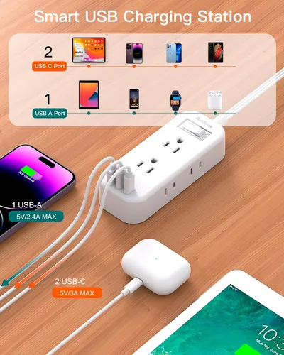 Vista 4 de Cable de extensión de 10 pies con múltiples tomas, Addtam regleta de alimentación de enchufe plano protector de sobretensiones cable largo, extensor