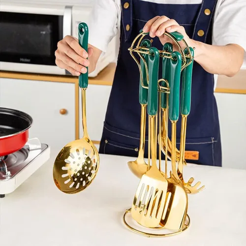 Vista 4 de Juego de utensilios de cocina de acero inoxidable, cuchara de cocina, mango de espátula, utensilios de cocina, accesorios de cocina (color : A)