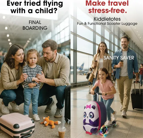 Vista 3 de KIDDIETOTES - Maleta de viaje con scooter para niños Equipaje de mano ligero de carcasa rígida con scooter plegable, ruedas LED, diversión de viaje