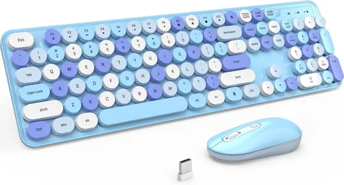 Vista 11 de Combo de teclado y mouse inalámbricos, LIZRROT Combo de teclado y mouse silencioso, teclado de máquina de escribir de tamaño completo colorido