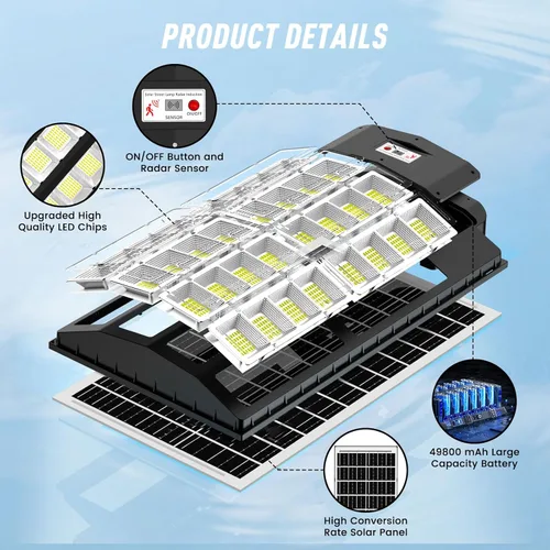 Vista 5 de Farolas solares grandes de 9000 W para exteriores, impermeables, luces solares de estacionamiento resistentes con control remoto y sensor