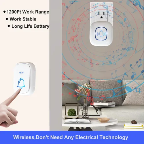 Vista 3 de Timbre inalámbrico, rango de 1200 pies, timbre lo suficientemente fuerte, 5 niveles de volumen y 52 timbres de puerta con LED intermitente