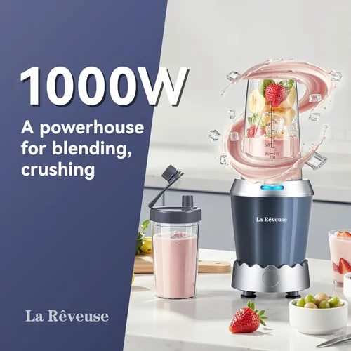 Vista 3 de La Reveuse Batidora de batidos de tamaño personal, 1000 W de alta velocidad con vaso para llevar de 24 onzas, ideal para batidos, batidos