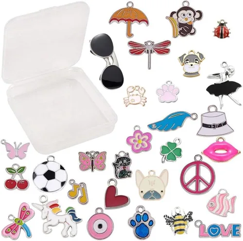 SUNNYCLUE 1 caja de 30 estilos, 30 piezas de dijes esmaltados surtidos chapados en plata, unicornio, animales, corazón, flor, joyería, colgantes,