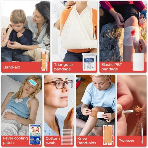 Vista 5 de Kit de primeros auxilios para viajes, automóvil y supervivencia de emergencia, suministros médicos compactos e impermeables con vendajes de trauma