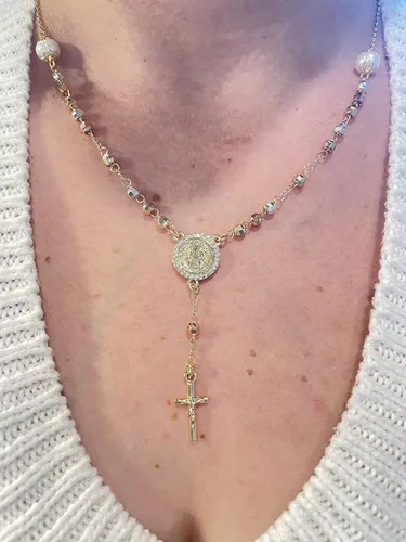 Vista 6 de Saint Benedict Necklace, Saint Benedict Medal, Saint Benedict Rosary, Saint Benedict Cross, Gold Necklace, Rosary Necklace for Women, 18k Gold