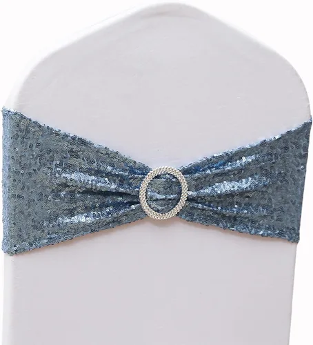 Paquete de 50 bandas de lentejuelas color azul polvoriento para sillas de boda, lazos para fiestas, banquetes de cumpleaños, aniversario, eventos al