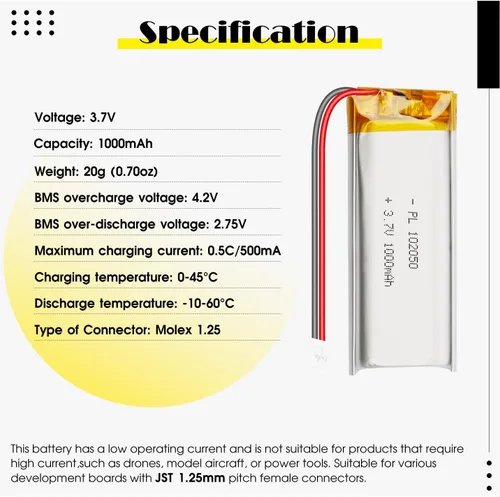 Vista 3 de 102050 3.7V 1000mAh LiPo Batería - Batería recargable de polímero de litio con placa de protección y conector Micro JST 1.25 para dispositivo
