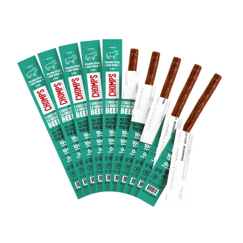 Vista 12 de Chomps Tiras de carne seca de res alimentadas y terminadas con pasto con sabor a barbacoa ahumada, 10 paquetes - Keto, Paleo, Whole30, 10g