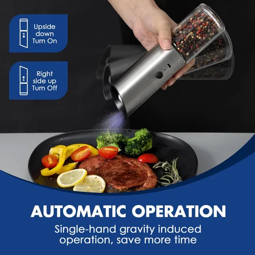 Vista 8 de Vzaahu Gravity - Molinillo eléctrico de pimienta y sal - Juego de 2 molinillo de sal y pimienta recargable de acero inoxidable con luz LED, plateado
