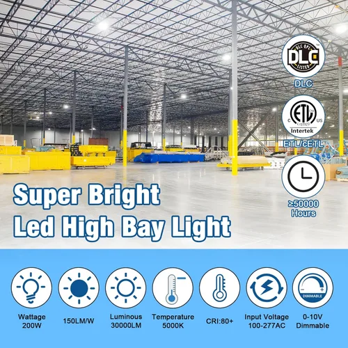 Vista 2 de Luz LED de alta bahía súper brillante regulable AC100-277V 200W 30000LM 5000K DLC/ETL luces de 6 pies con enchufe de EE. UU. Luz LED de alta bahía