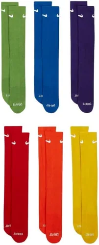 Vista 2 de Nike 6 Pack Sports Dri-Fit Moisture Wicking Athletic Crew Socks Red Yellow Blue Green Purple Orange White