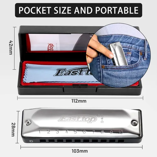 Vista 5 de EAST TOP Armónica, armónica diatónica clave de C para adultos y estudiantes con bordes redondeados suaves (T002-C)
