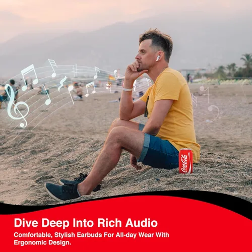 Vista 4 de Auriculares inalámbricos con forma de lata de Coca-Cola – Auriculares Bluetooth 5.0 con micrófono incorporado, compatibilidad con asistente de voz