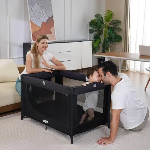 Vista 5 de Pamo Babe Compacto Pack and Play - Cuna portátil para bebé, corral de viaje plegable ligera con almohadilla de colchón y bolsa de transporte, cama