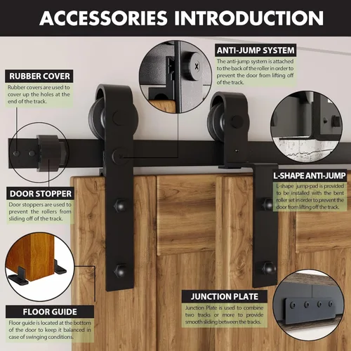 Vista 4 de Homacer juego de accesorios para puerta corrediza de granero, para puertas dobles/dos puertas, riel de 4 pies, diseño corredizo clásico