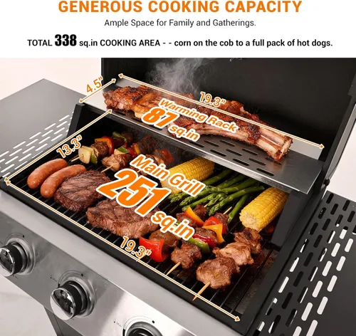Vista 4 de EUHOME Parrilla de gas de 3 quemadores de acero inoxidable, parrilla de barbacoa al aire libre de 25650 BTU con mesa auxiliar, área de cocción