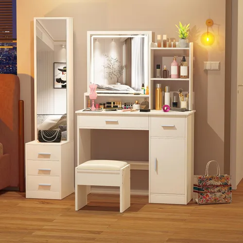 Vista 7 de INTERGREAT Escritorio de tocador de maquillaje con luces y espejo de longitud completa, juego de mesa de tocador blanca con 3 modos de iluminación