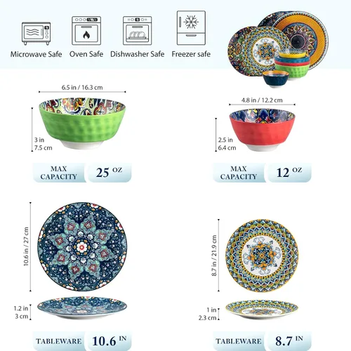 Vista 6 de Juego de vajilla de porcelana y platos llanos, juego de vajilla de 24 piezas, estilo bohemio