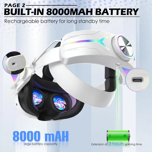 Vista 3 de Orzero Head Strap Accessories Compatible for Quest 3 with Extended 8000mah Battery Pack - Enhanced Comfort and Extended Gaming Time with RGB Light