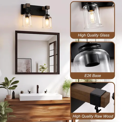 Vista 3 de Accesorios de Iluminación para Baño Estilo Granja, Lámpara de Tocador para Baño de 2 Luces Negro Mate, Estilo Industrial con Pantallas de Vidrio
